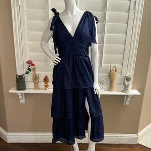 Lulus Blissful Direction Navy Tie-Strap Clip Dot Bustier Midi Dress